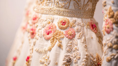 This stunning dress features intricate floral embroidery and a delicate design, showcasing remarkable craftsmanship and elegance in soft colors.の素材