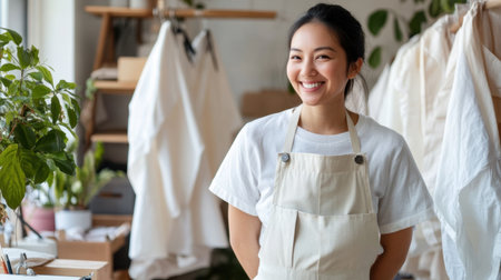 A young woman smiles brightly in a creative workspace, surrounded by plants and artistic materials. Her joyful demeanor adds warmth to this inspiring environment.の素材