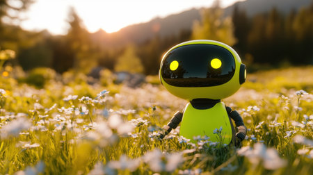A whimsical robot character sits among bright wildflowers in a sunlit meadow, capturing the essence of adventure and imagination in nature.の素材