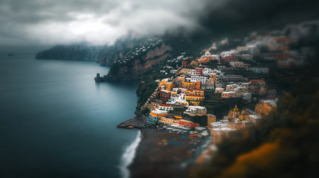This enchanting scene features a coastal village with colorful buildings perched on rocky cliffs, under a moody cloudy sky, perfect for travel enthusiasts.の素材