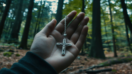 A person holds a silver cross pendant in their hand, surrounded by a tranquil forest scene with towering trees and soft diffused light.の素材