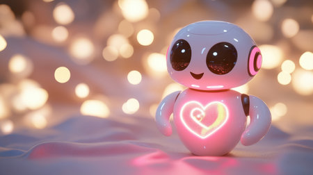 This adorable robot features a glowing heart symbol, set against a backdrop of beautifully blurred lights, perfect for technology and emotion themes.の素材