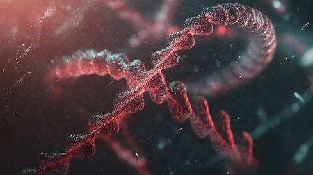 This captivating abstract image showcases a detailed representation of DNA structure with vibrant red tones set against a dark background, illustrating the intricacies of genetic arrangements and their significance in biological research.の素材