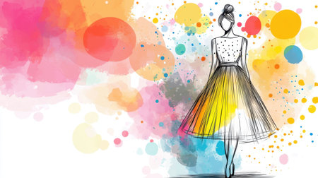 A stunning fashion illustration depicting a stylish woman in a beautiful skirt, complemented by vibrant watercolor splashes and artistic dots.の素材