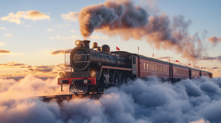 A vintage steam train crosses a dreamy landscape of clouds at sunset, evoking feelings of nostalgia and adventure amid nature's beauty.の素材