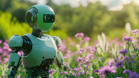 A striking image showcasing a futuristic robot standing amidst a lively field of flowers. The scene captures the harmony between technology and nature, illuminated by soft sunlight.の素材
