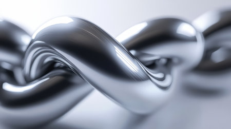 A close-up view of an abstract metal chain link featuring smooth curves and a shiny surface. The intricate design symbolizes strength and connectivity, suitable for various creative and industrial themes.の素材