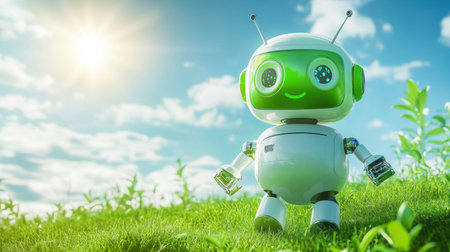 A charming friendly robot stands on lush green grass, basking in sunlight under a vibrant blue sky, exuding joy and adventure.の素材