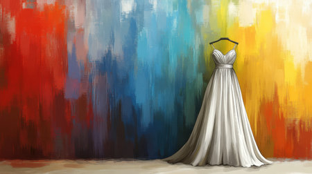 A beautiful white dress elegantly displayed against a stunning abstract background featuring dynamic colors, creating a captivating visual contrast for fashion and art enthusiasts.の素材