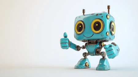 This vibrant and friendly robot character features expressive eyes and a thumbs-up gesture, perfect for technology-themed projects and animation.の素材