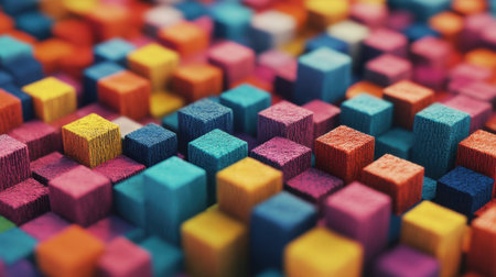 This image showcases an engaging array of colorful wooden cubes arranged in a playful and vibrant pattern, perfect for creative projects.の素材