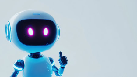A charming robot character stands with a thumbs up, featuring glowing eyes and a sleek design that embodies the future of technology and innovation.の素材