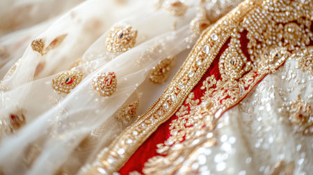 This image showcases an elegant traditional fabric featuring intricate gold embroidery and embellishments, perfect for cultural celebrations and fashion.の素材