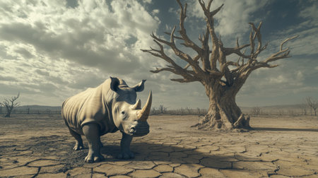 A powerful rhinoceros stands majestically in a desolate, arid landscape featuring a barren tree and an overcast sky, capturing the essence of solitude and survival.の素材