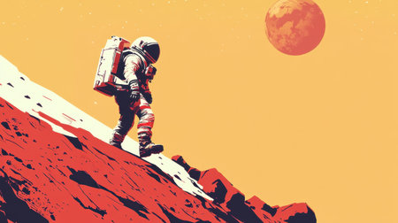 An astronaut explores the rugged landscape of Mars under a vivid orange sky, with a red planet looming in the background, symbolizing exploration and adventure.の素材