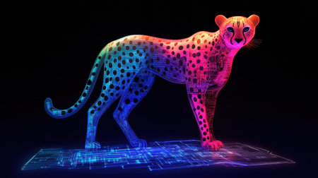 This striking digital artwork features a cheetah adorned with vibrant neon colors and intricate digital patterns, symbolizing the fusion of nature and technology.の素材