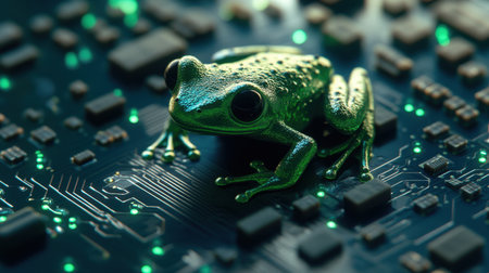 A striking green frog perched on a circuit board, blending nature with technology. This image captures a unique contrast between wildlife and innovative electronics.の素材