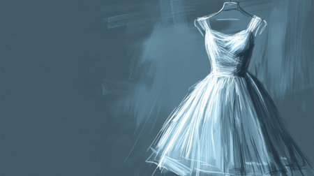 This beautiful sketch features an elegant dress captured in soft blue tones. The delicate lines and minimalist background enhance the fashion design's charm and sophistication.の素材