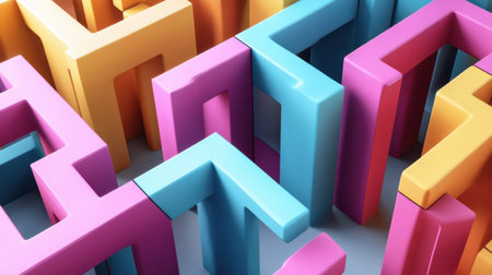 This vibrant abstract maze design features dynamic 3D shapes in various colors, perfect for creative projects or as an engaging background.の素材