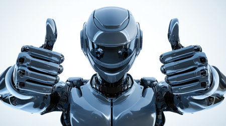 A futuristic robot with a shiny metallic surface gives a thumbs up gesture in a minimalist setting, symbolizing positive interaction and technological advancement.の素材