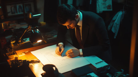 A dedicated businessman is deeply focused on sketching intricate architectural plans at his desk in a dimly lit office. The ambient lighting and organized workspace reflect creativity and professionalism.の素材