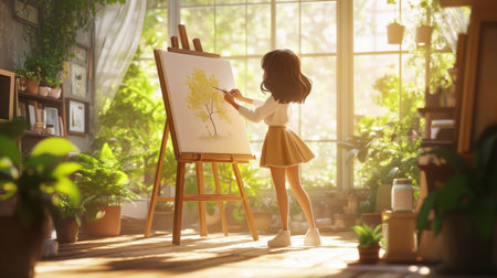 A young girl engages in painting a vibrant tree scene in a sunlit indoor studio filled with greenery, fostering creativity and tranquility.の素材