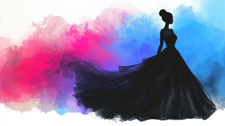 This stunning artwork features a silhouette of a fashionable woman in a flowing dress, surrounded by a vibrant abstract background with colorful brush strokes.の素材