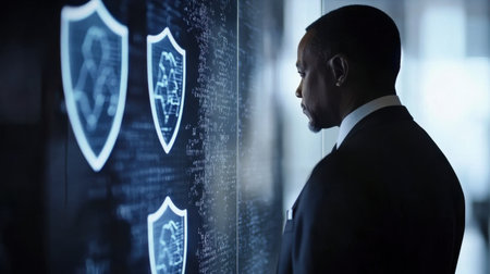 A businessman stands in a modern office, deeply focused on cybersecurity data displayed digitally, representing the importance of data security in today's digital age.の素材