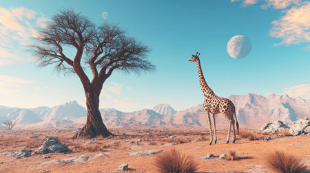A captivating desert landscape showcases a tall giraffe beside a unique bare tree, set against a stunning giant planet and mountains in the background.の素材