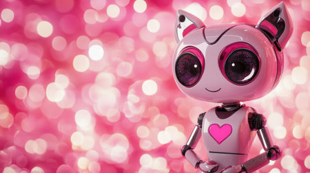 This delightful robot cat features large expressive eyes and a heart design, perfect for a modern and playful aesthetic, ideal for creative projects.の素材