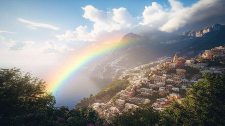 A stunning view featuring a vibrant rainbow arching over a charming coastal town, surrounded by majestic mountains and a bright blue sky.の素材