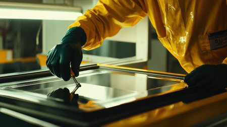 A skilled worker dressed in a safety suit applies precise analysis techniques to a glass surface in a bright laboratory environment.の素材