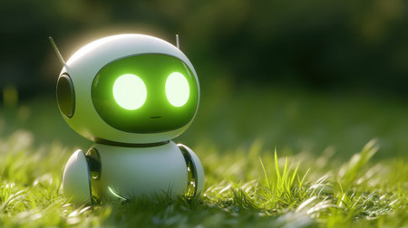 This adorable cartoon robot features glowing eyes and resides on vibrant green grass. The artwork is a delightful blend of technology and nature.の素材