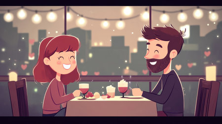 Cheerful animated scene of a couple enjoying a romantic dinner, with warm lights and heart motifs creating a cozy atmosphere, perfect for celebrations.の素材