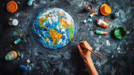 A captivating artistic portrayal of Earth being painted by a hand, surrounded by vibrant colors and artistic tools on a textured dark background.の素材