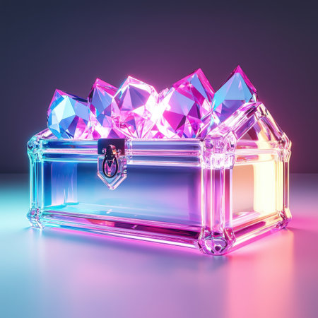 A stunning transparent treasure chest filled with vibrant crystals, illuminated with dazzling colors creating an elegant and modern aesthetic.の素材