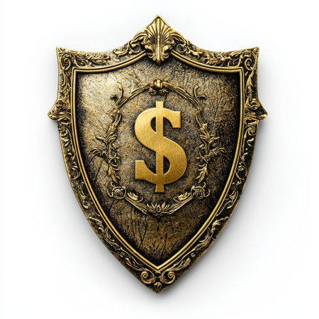 A vintage-style ornate shield featuring a golden dollar symbol in the center, symbolizing wealth and financial security. The intricate design adds a touch of elegance and artistry.の素材