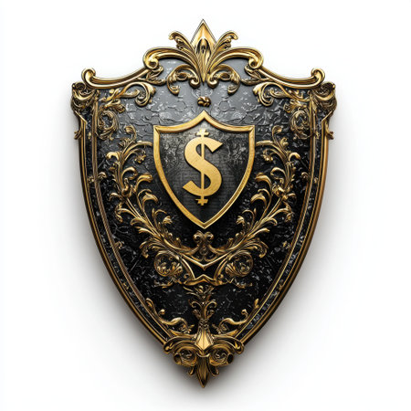 This stunning image features a luxurious golden shield adorned with a dollar symbol, exuding elegance and wealth. Perfect for themes related to finance and protection.の素材