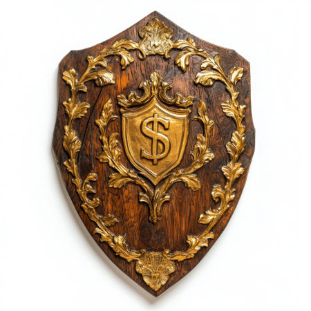 This exquisite wooden shield features an intricate design with a golden dollar symbol, perfect for enriching luxurious home interiors and adding elegance.の素材