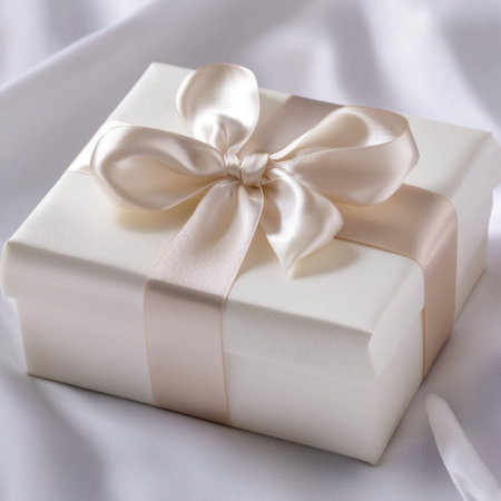 A beautifully wrapped white gift box adorned with a satin ribbon sits elegantly on soft silk fabric, perfect for any special occasion or celebration.の素材
