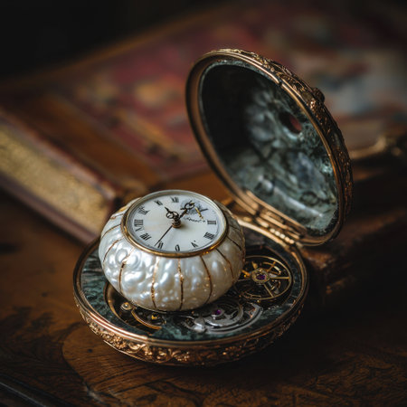 This stunning vintage pocket watch features exquisite craftsmanship with pearl embellishments, set against the backdrop of an antique book, showcasing timeless elegance and intricate design.の素材