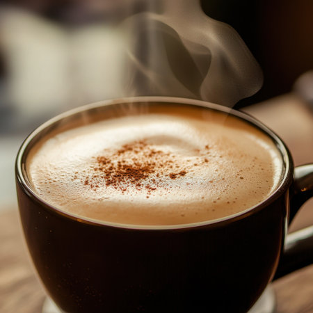 Enjoy a warm cup of coffee topped with cinnamon in a cozy setting, perfect for relaxation and savoring lifeの素材