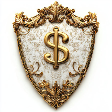 This image showcases an ornate golden shield featuring a dollar symbol, set against an elegant floral background, highlighting wealth and luxury.の素材