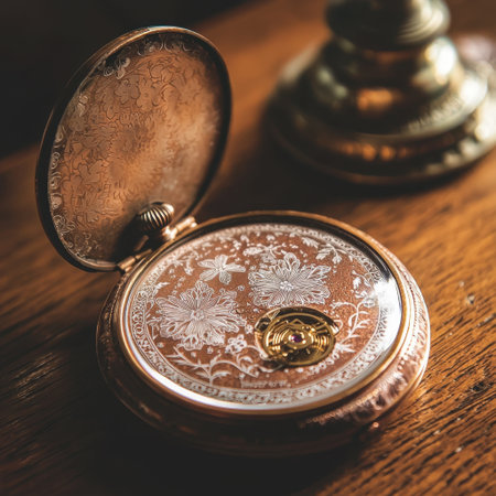This image showcases a vintage pocket watch featuring intricate floral engravings. The watch rests elegantly on a wooden surface, highlighting its timeless beauty and craftsmanship.の素材