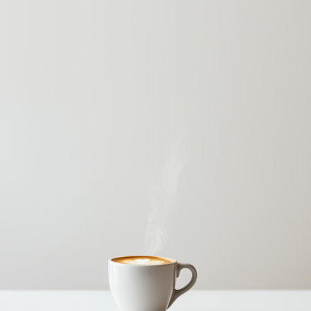 A serene scene featuring a steaming cup of coffee in a white mug, set against a minimalist background, evoking feelings of warmth and comfort.の素材