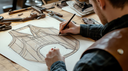Artistic sketch of a stylish vest design, crafted with precision, surrounded by various tools in a creative studio setting.の素材
