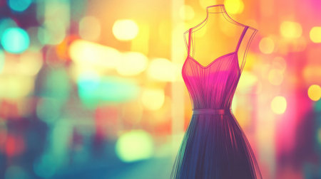This artistic image features an elegant dress design displayed on a mannequin, set against a vibrant and colorful bokeh background, perfect for fashion inspiration.の素材