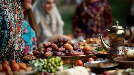 A vibrant traditional feast showcasing a variety of dried fruits, especially dates, alongside an array of rich dishes. Ideal for celebrations.の素材