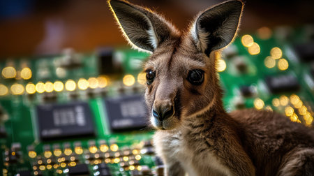 A charming kangaroo captured against a vibrant electronic circuit board backdrop, merging the worlds of nature and technology in an imaginative way.の素材