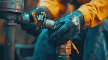 A skilled craftsman carefully manipulates a pipe fitting in an industrial workshop. The focus on hands and tools highlights precision in plumbing work.の素材